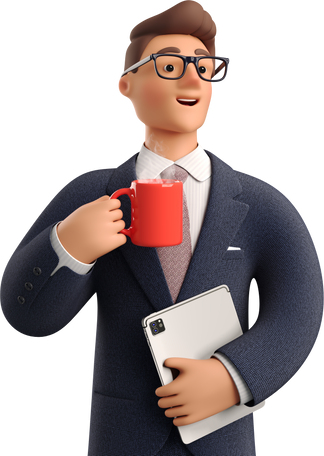 business-3d-businessman-in-dark-blue-suit-with-coffee-mug-holding-tablet